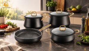 Juego de utensilios de aluminio anodizado duro negro en una cocina moderna
