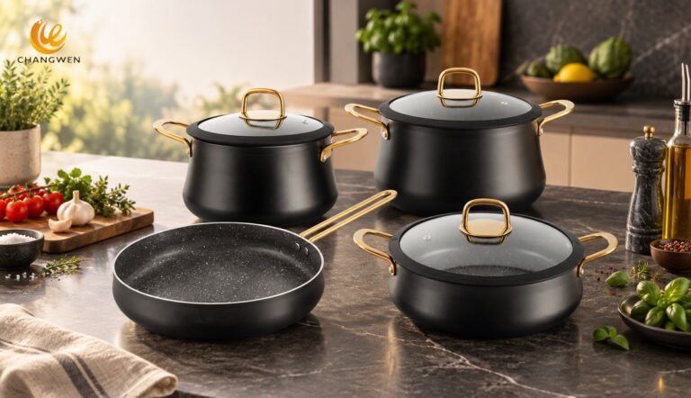 Juego de utensilios de aluminio anodizado duro negro en una cocina moderna