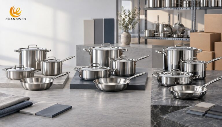 Tres niveles de baterías de cocina de acero inoxidable para compradores B2B