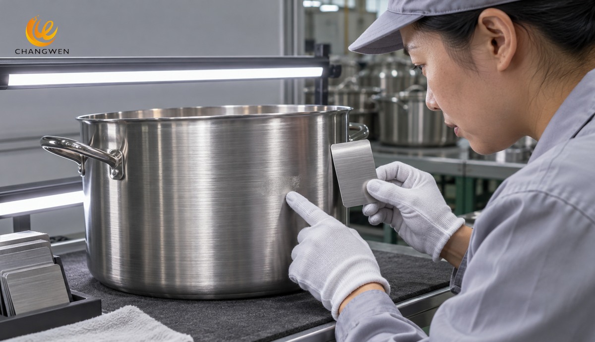 Inspectora compara el grano satinado de una olla con una muestra de referencia