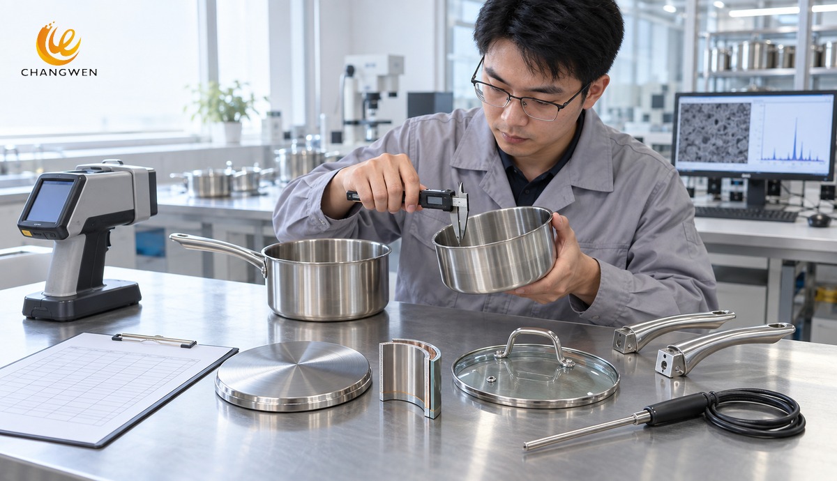 Ingeniero chino validando especificaciones de cacerolas de acero inoxidable