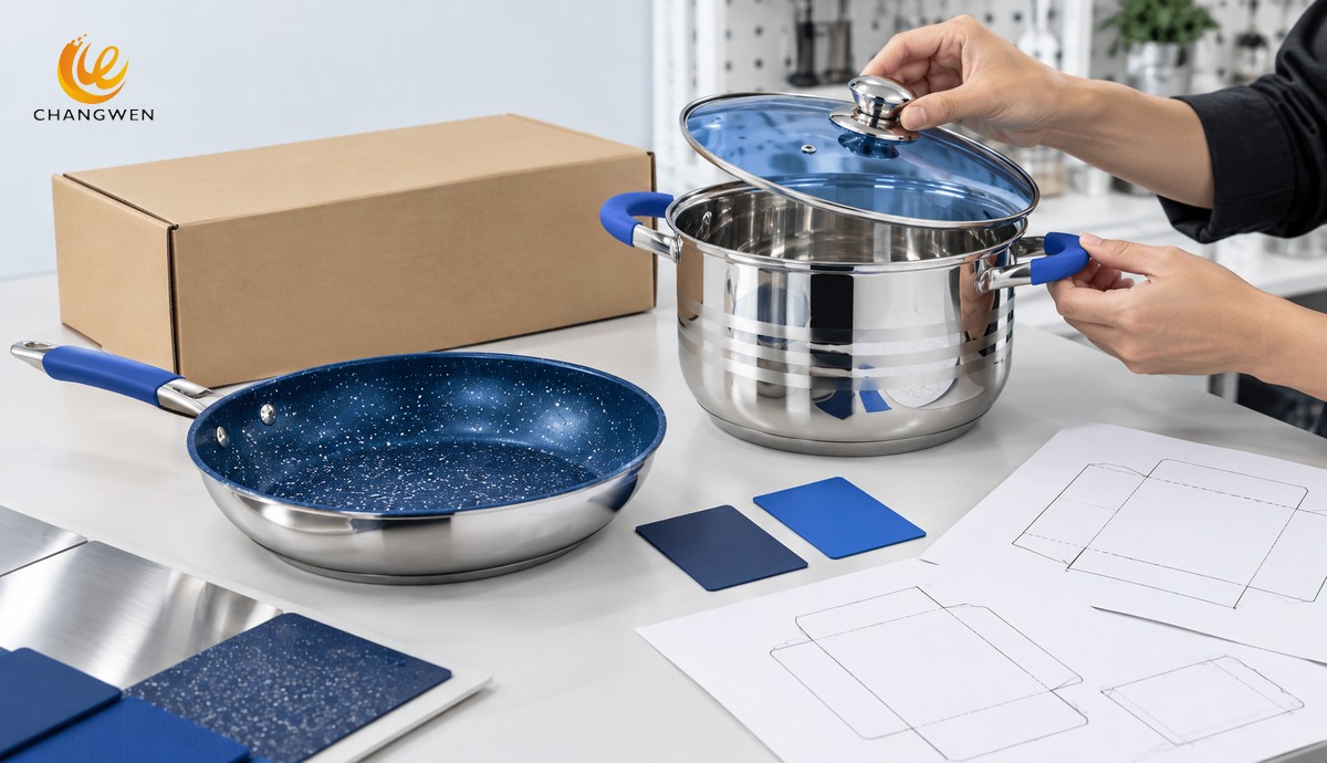 Muestras de olla con asas azules y sartén azul junto a opciones de color y caja sin marca sobre una mesa de desarrollo