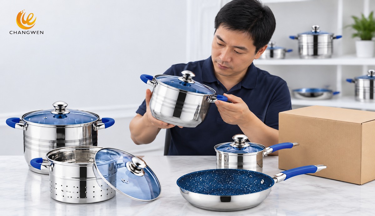 Profesional chino revisa una olla de acero pulido con asa azul junto a una sartén azul y una caja de empaque sin marca