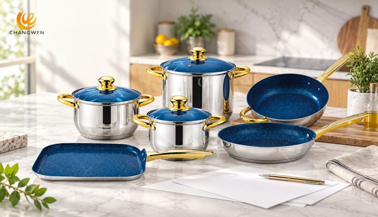 Batería de cocina azul y dorada en escena editorial de desarrollo OEM