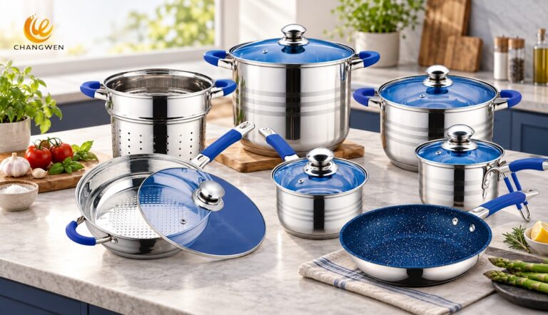 Batería de cocina de acero pulido con asas azules, tapas de vidrio azules, vaporera y sartén azul en cocina moderna