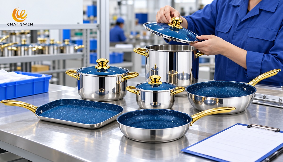 Trabajadora china verifica el ajuste de una tapa azul durante un lote piloto de batería de cocina